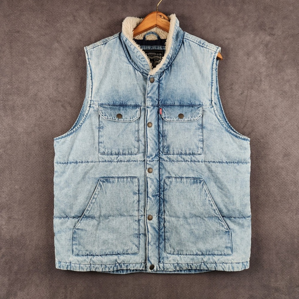 Levis Utility Quilted Denim Vest Mens Large Blue Light Wash Sherpa Lined Puffer